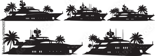 Black Solid Yacht Shoreline Palm Silhouettes Set of Six on White Background