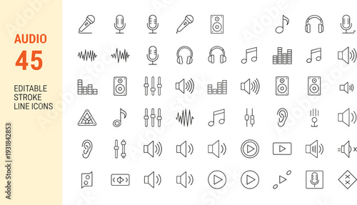 Audio and music line icon set with microphone, headphones, speaker, sound wave, equalizer and media control symbols editable stroke vector illustration