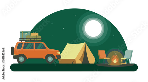 Night camping scene with SUV, tent, campfire, and full moon