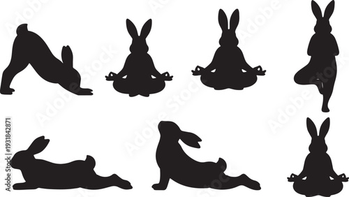 Black Solid Yoga Breathing Bunny Set of Six on White Background