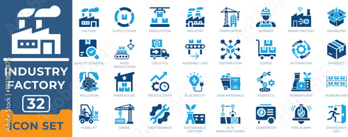 Smart manufacturing factory production and industrial supply chain logistics vector icon set