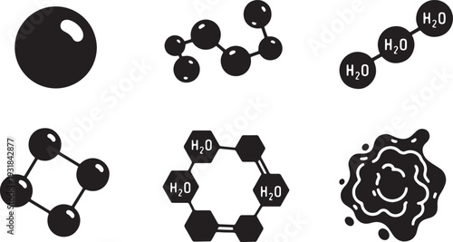 Black Solid Water Molecule H2O Silhouettes Set of Six on White Background