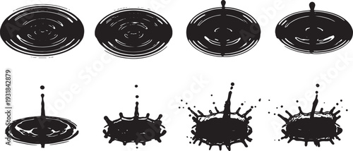 Black Solid Water Ripple Splash Set of Six on White Background