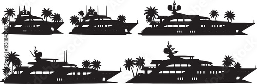 Black Solid Yacht Shoreline Palm Silhouettes Set of Six on White Background