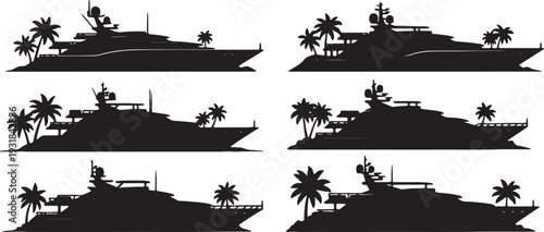 Black Solid Yacht Shoreline Palm Silhouettes Set of Six on White Background
