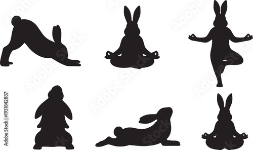 Black Solid Yoga Breathing Bunny Set of Six on White Background
