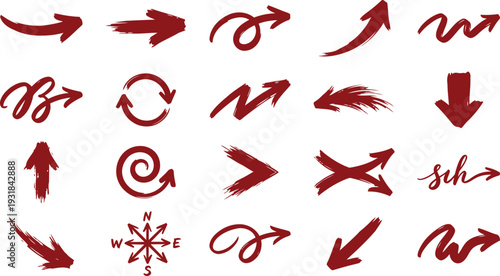 Collection of various red handdrawn arrows and direction symbols on white background for navigation and design  various pointers