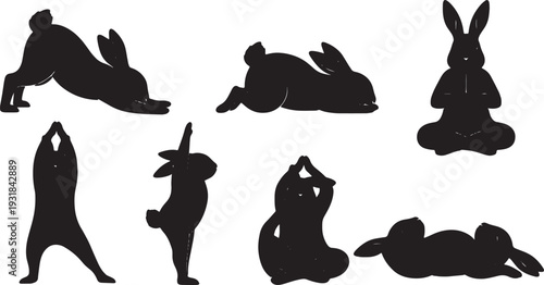 Black Solid Yoga Breathing Bunny Set of Six on White Background