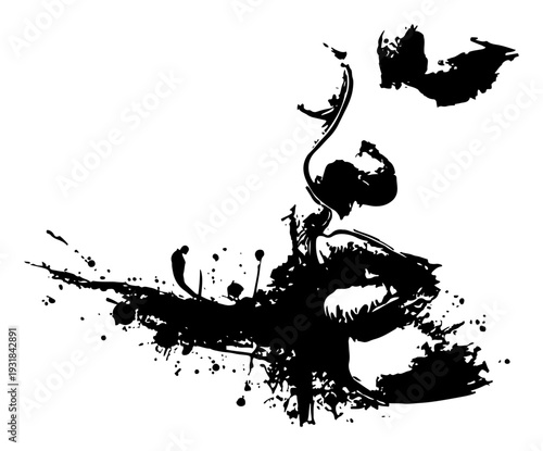 Stylized sensual lips illustration with expressive black ink splatters and artistic grunge elements
