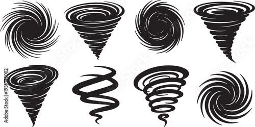 Black Solid Water Spiral Vortex Set of Six on White Background