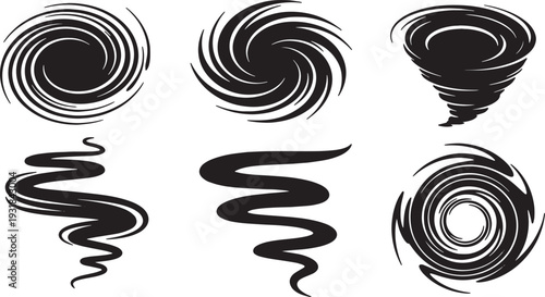 Black Solid Water Spiral Vortex Set of Six on White Background