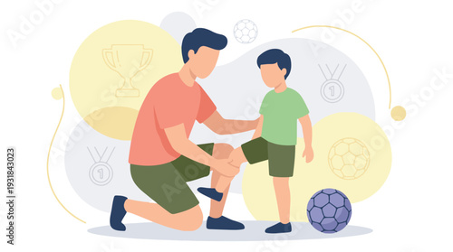 Father comforting child with a knee injury after a sports game