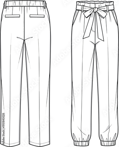 Fashion flat sketch set, sleeveless jumpsuits, wrap midi dress, cargo pants, paperbag waist trousers, technical drawing, vector, white, outfit template.