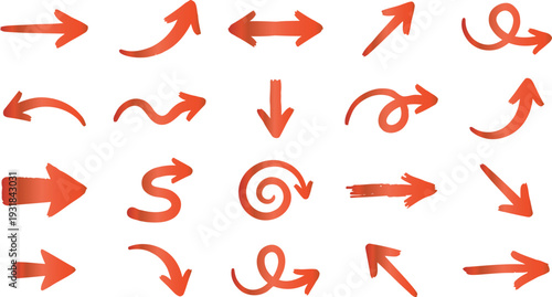 Collection of various red handdrawn arrows on white background for design and direction indication purposes easily
