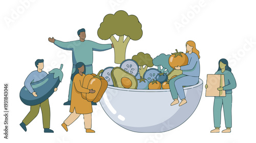 Illustration of diverse people gathering and sharing fresh vegetables in a bowl