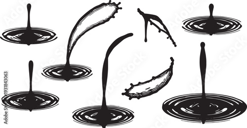 Black Solid Water Splash Rings Set of Six on White Background