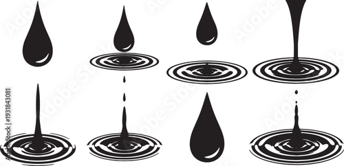 Black Solid Water Splash Rings Set of Six on White Background