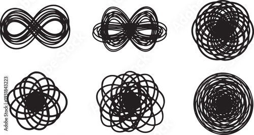 Black Solid Yo-Yo Complex Light Silhouettes Set of Six on White Background