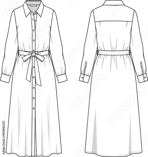 Maxi shirt dress vector sketch, long sleeve button down midi dress with waist tie belt, fashion flat sketch illustration, white.