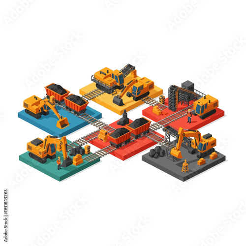 Isometric mining and construction industry network with excavators and trains.