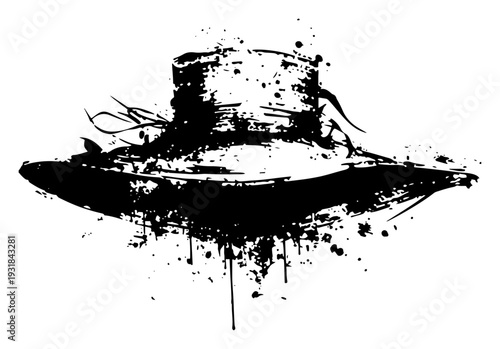 Vintage straw sun hat illustration in artistic black ink splatter style