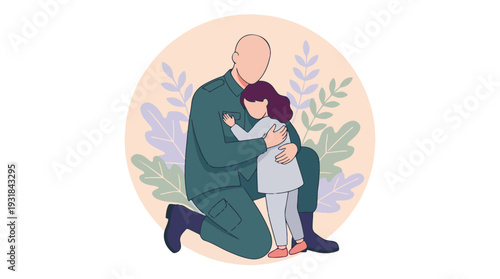 Father in military uniform embracing his daughter, family reunion illustration