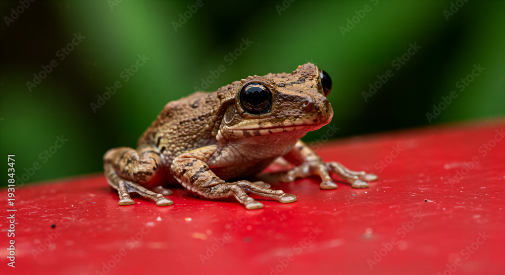 Fototapeta premium Small brown frog sitting on a red surface against a green blurry background