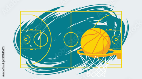 Dynamic basketball court illustration with ball going through hoop