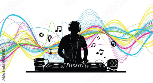 A black silhouette of a male DJ with headphones is mixing on turntables against a vibrant background of colorful wavy sound lines and musical notes.