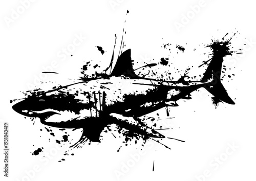 Powerful shark silhouette swimming in an artistic black ink splatter style
