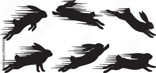 Black Solid Zoomies Bunny Silhouettes Set of Six on White Background