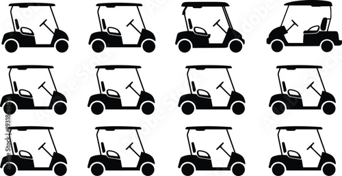 Golf cart icons silhouette set, black vector illustration, transportation vehicle design, pattern recognition, odd one out concept, minimal graphic art