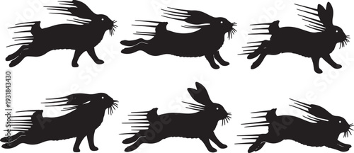 Black Solid Zoomies Bunny Silhouettes Set of Six on White Background