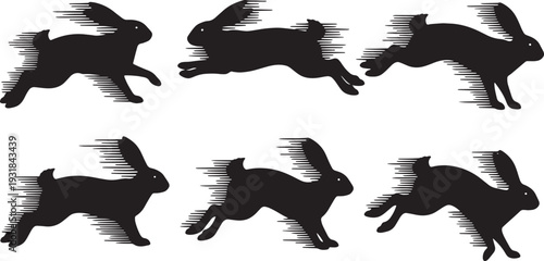 Black Solid Zoomies Bunny Silhouettes Set of Six on White Background