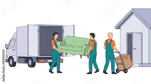 Professional movers transporting furniture and boxes for a house relocation.