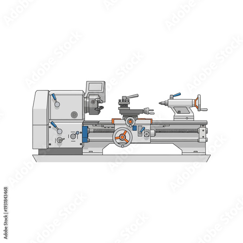 A large metal lathe machine with various components