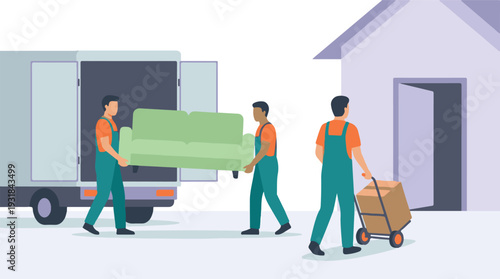 Movers loading furniture and boxes into truck and house