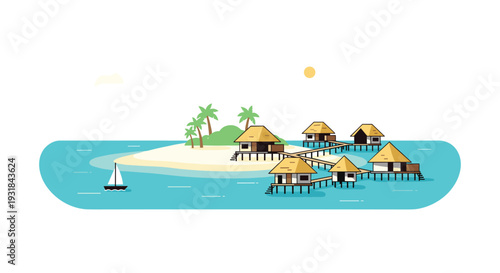 A stylized illustration depicts six overwater bungalows and a small island with palm trees, with a sailboat cruising on the turquoise ocean.