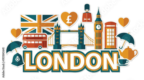 Flat design illustration of iconic London landmarks and cultural symbols