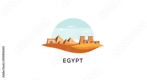 A stylized illustration showcases three ancient pyramids and two temple buildings situated on an arid desert plain beneath a clear blue sky.