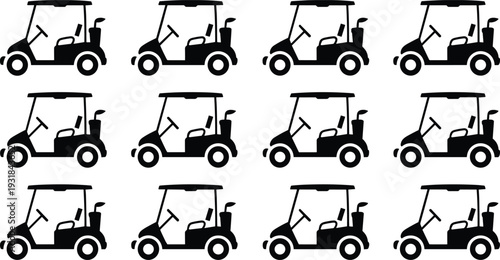 Golf cart silhouette pattern, black golf cart icon, golf vehicle illustration, sports transport design, golfing equipment vector, seamless golf cart background