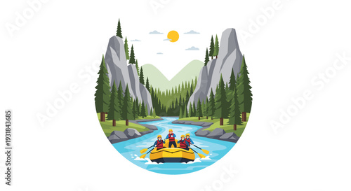 Four people in a yellow inflatable raft are paddling down a blue river with rapids, through a valley flanked by grey mountains and dense pine trees, under a small yellow sun.