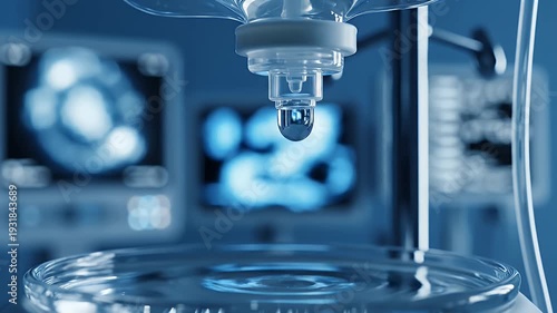 IV Drip Close Up in Hospital Ward - This macro close up shows an IV drip bag with liquid drops flowing in a blue tinted hospital ward.