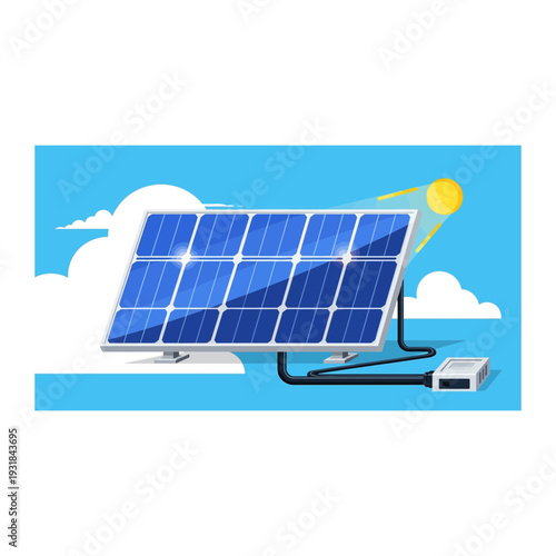 Solar panel with inverter and sunny sky background