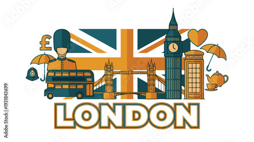 London travel illustration with iconic landmarks and British symbols