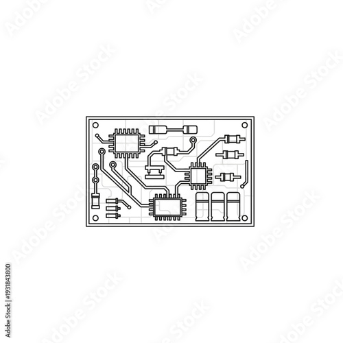 A black and white schematic diagram of an electronic circuit board