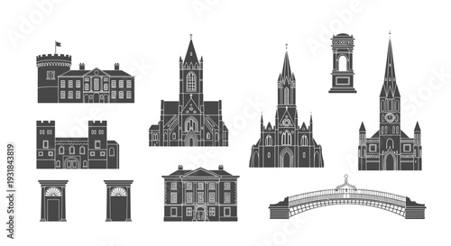 Ten grey silhouette illustrations of diverse architectural structures, including castles, churches, and a bridge, are displayed on a white background.