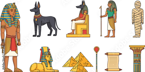 Ancient Egyptian Culture Elements Collection with Pharaoh Anubis Pyramids Sphinx and Hieroglyph Scroll Vector Illustration