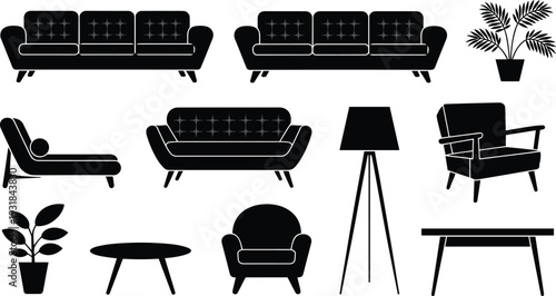 Mid century modern furniture icons, sofa armchair chaise lounge, coffee table decor, potted plant lamp silhouette, vector interior design set