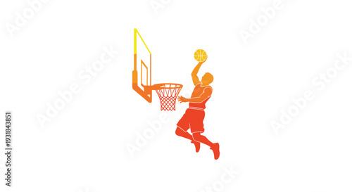 A stylized orange and yellow gradient silhouette of a basketball player is captured mid-dunk with a ball and a hoop.